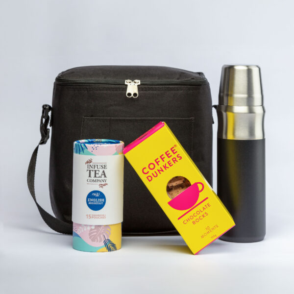 The Morning Meeting Hampers: black bag, thermos, tea box & coffee dunkers on white background.