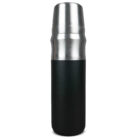 A stainless steel and black thermos, ideal for The Morning Meeting Hampers.