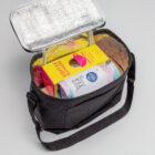 Open The Morning Meeting Hampers black bag for snacks, coffee dunkers, and a drink can.