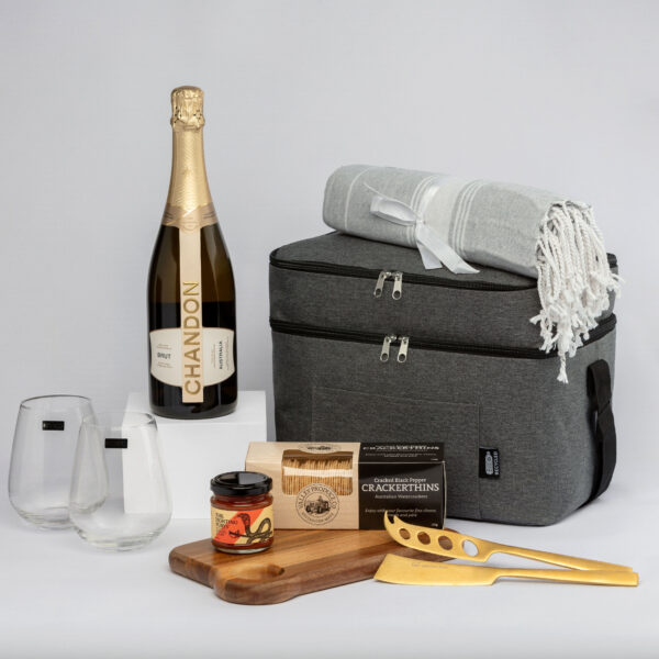 The Chandon Milestone Hampers: Chandon, cheese, glasses, crackers, blanket & cooler bag.