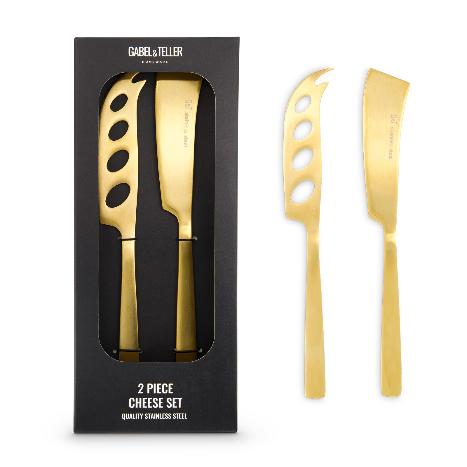 Gold cheese knife set of 2 in black box—ideal for The Chandon Milestone Hampers and gifts.