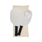 Two white paddles and ball on beige pouch—The Business Break Hampers, perfect for gifting.