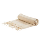 The Business Break Hampers: beige and white striped throw blanket with fringed edges.