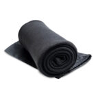 A black fleece blanket from The Corporate Comfort Collection in a black carrying pouch.