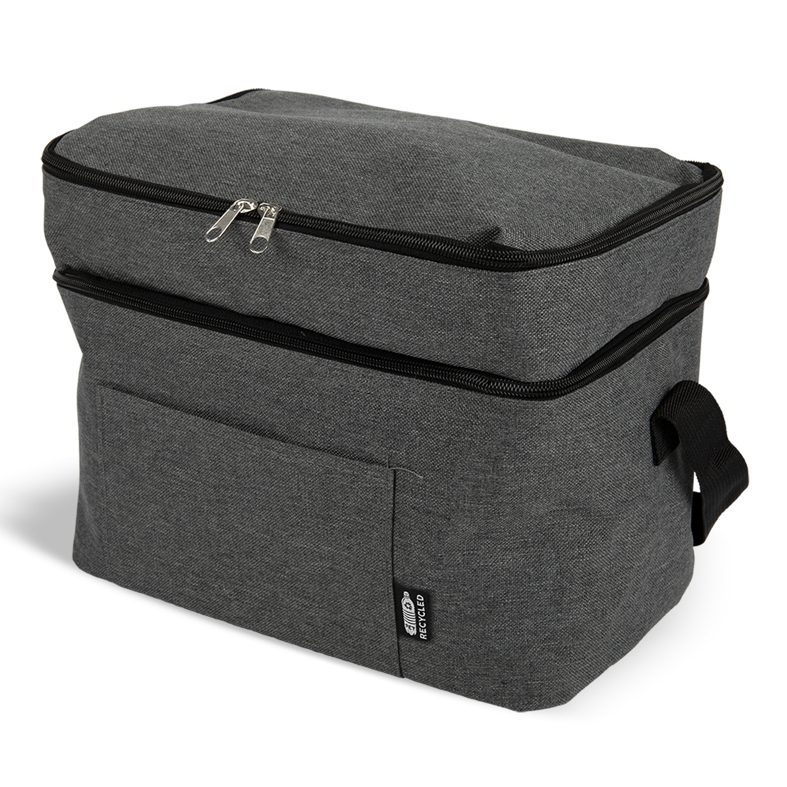 A gray insulated lunch bag from The Corporate Comfort Collection with front pocket and zipper top.