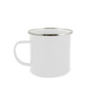 White enamel mug with silver rim from The Corporate Comfort Collection on a white background.