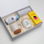 The Morning Ritual Hamper: 2 mugs, striped towel, tea tin & chocolate coffee dunkers gift set.