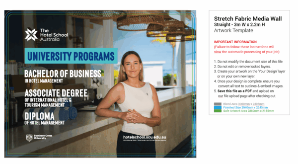 Woman in hotel lobby with program list; The Hotel School Australia info on right panel.