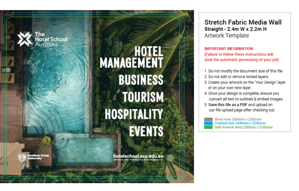 A large The Hotel School Australia banner listing management, business, tourism, and events.