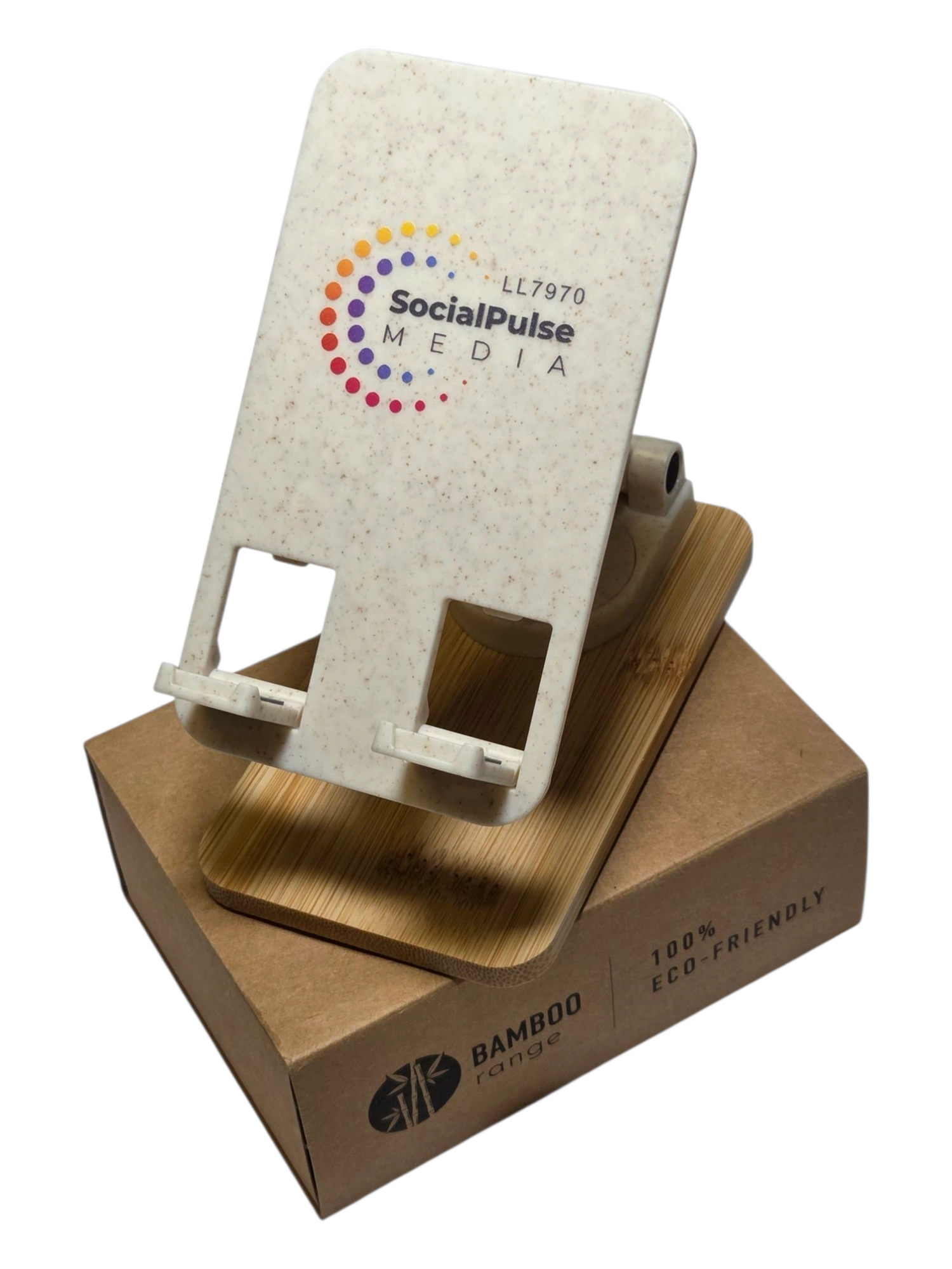 Eco-friendly phone stand with Social Pulse Media logo—great for displaying recommendations.