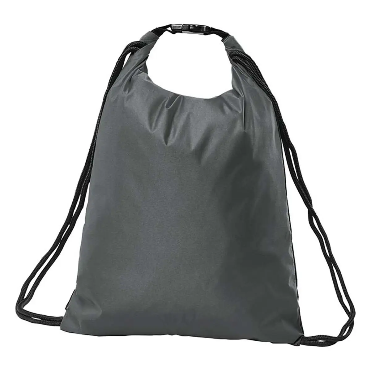 A dark gray drawstring backpack with a roll-top closure and black strings.