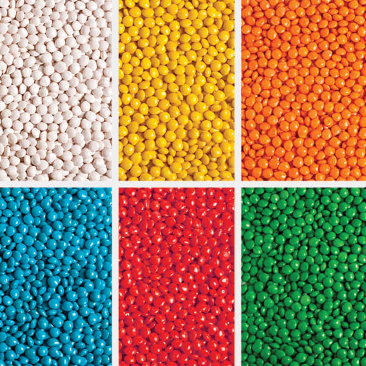 Bulk Chewy Fruit Candy in six colorful sections: white, yellow, orange, blue, red, green.