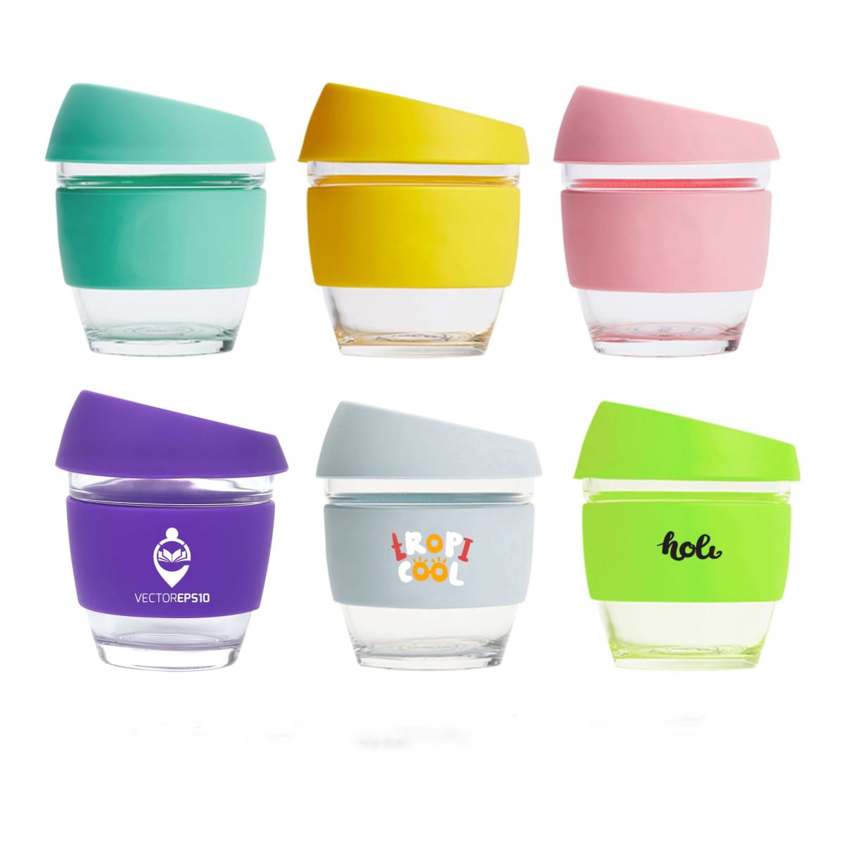 Set of 6 8 OZ Thermal Insulated Coffee Cups with vibrant silicone lids and sleeves.