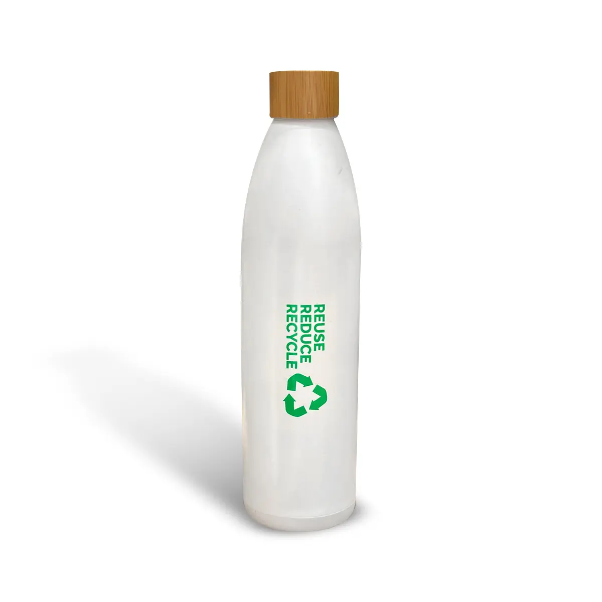 White reusable bottle with wooden cap and green reuse, reduce, recycle text on it.