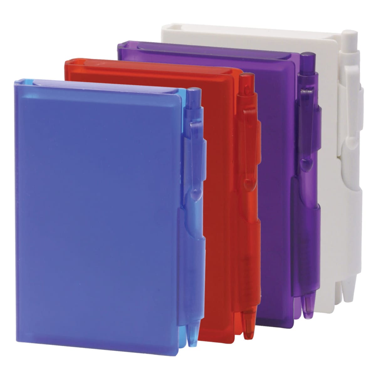 Set of 4 Kirby A6 pocket notebooks with pens in blue, red, purple, and white.