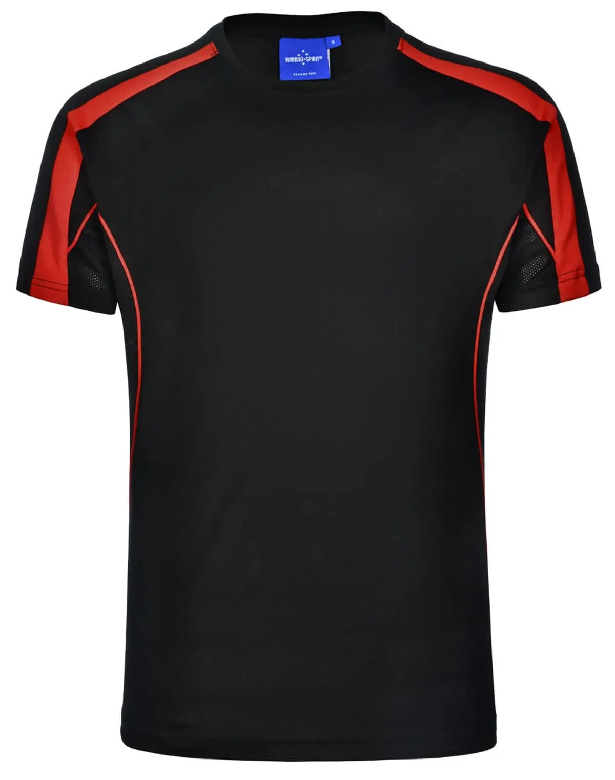 Black short-sleeved t-shirt with red accents on the shoulders and sides.