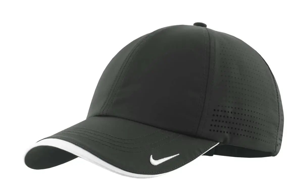 A black Nike baseball cap with a white swoosh logo and a white trim on the brim.