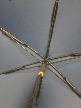 The inside view of open umbrellas, revealing their ribs and central shaft.
