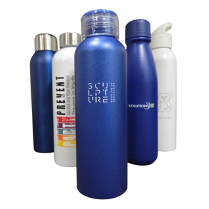 Five assorted aluminium bottles in different colors and designs standing upright.
