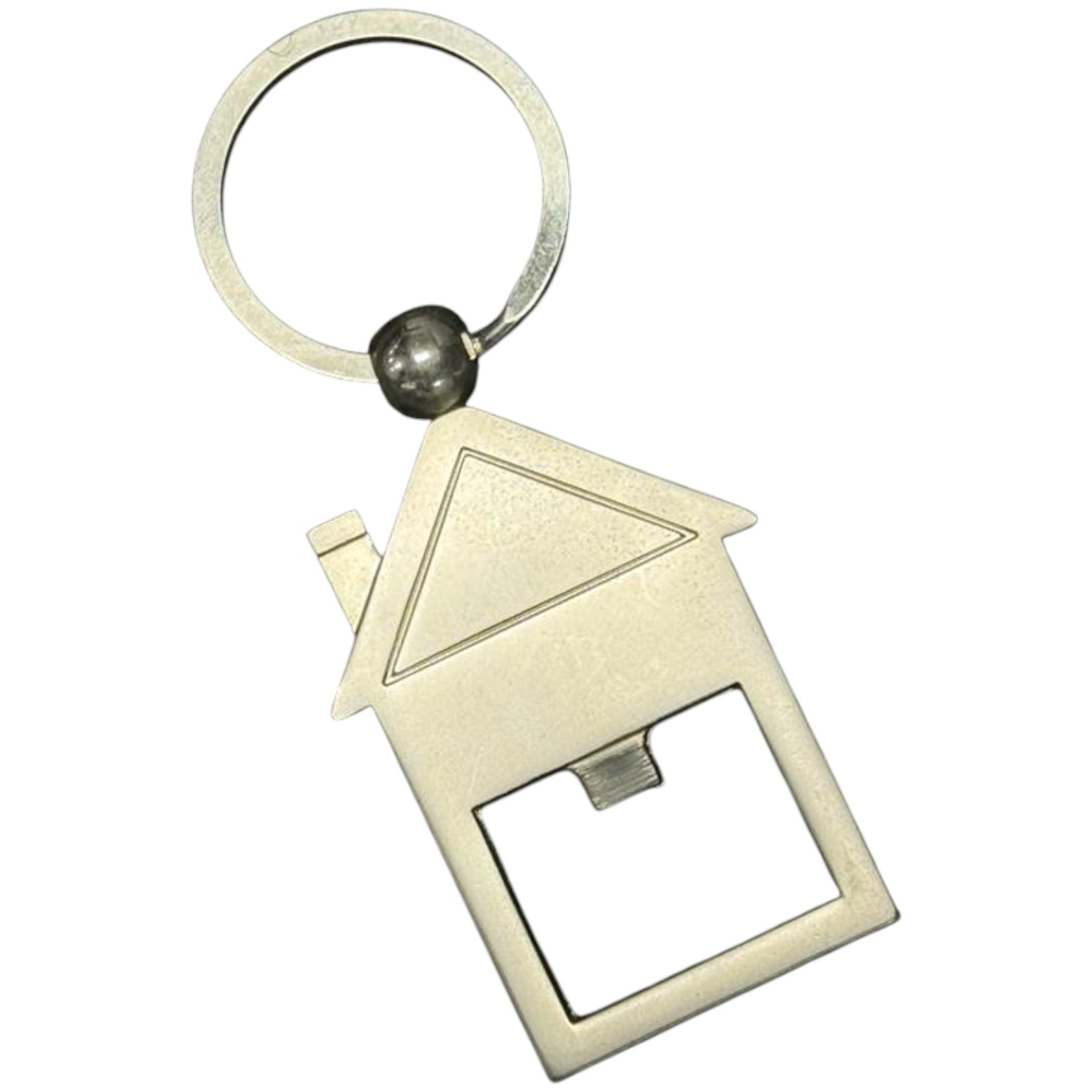Silver house-shaped keychain with built-in bottle key openers at the bottom.