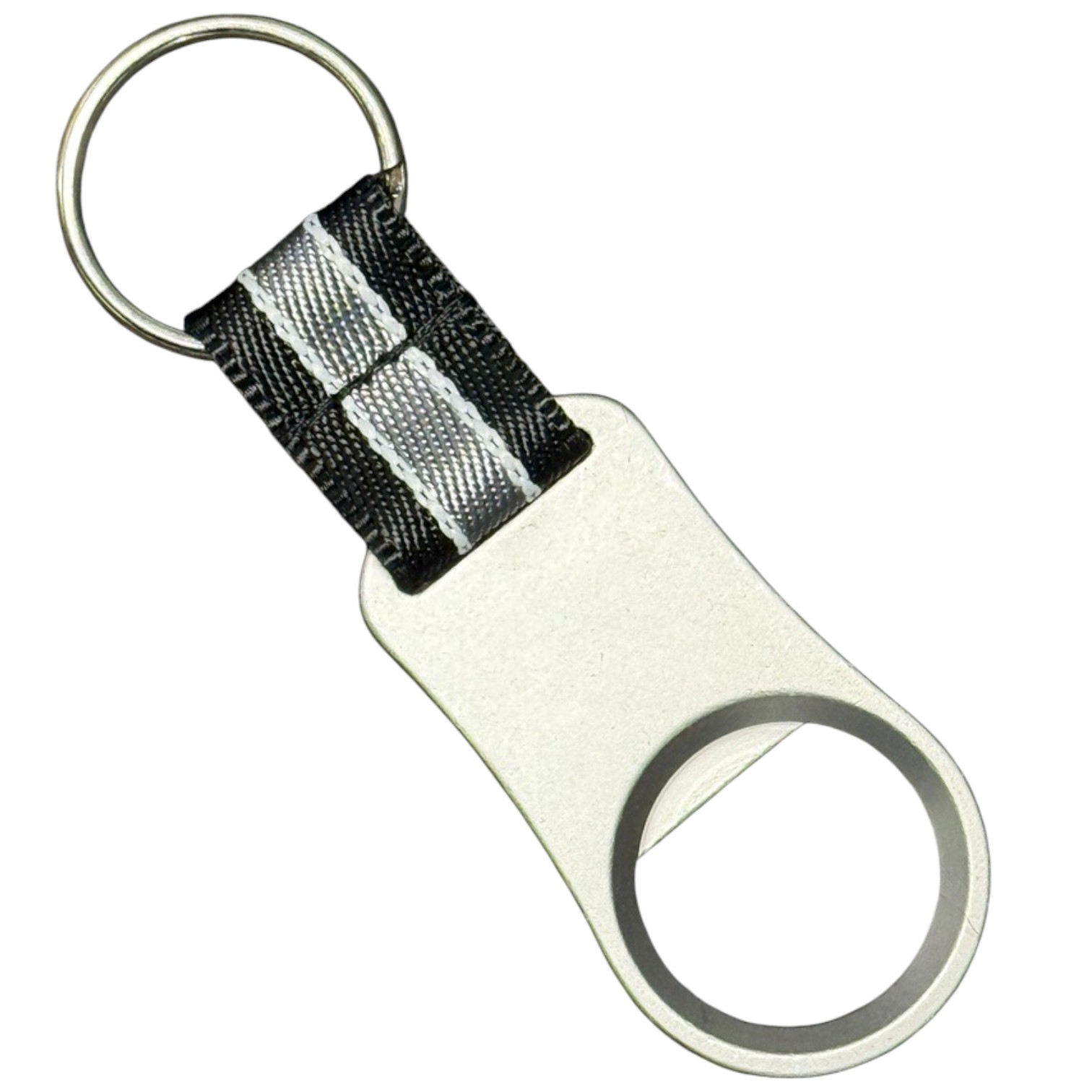 Silver metal bottle key openers with a black and white fabric loop and key ring.