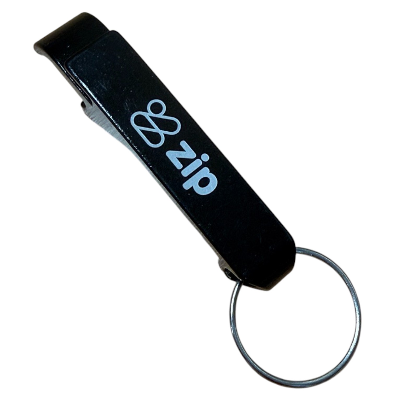 Black Zip-branded bottle key openers with metal keyring, shown on a white background.