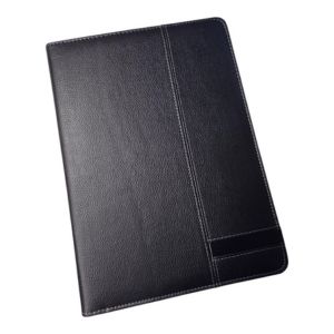 Black leather folder with white stitching highlights Leather vs Non-Leather Compendiums.