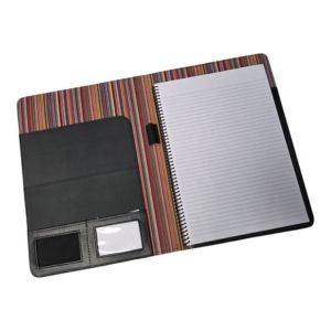 Open folder with a spiral notepad, card slots, and striped lining—Leather vs Non-Leather Compendiums.