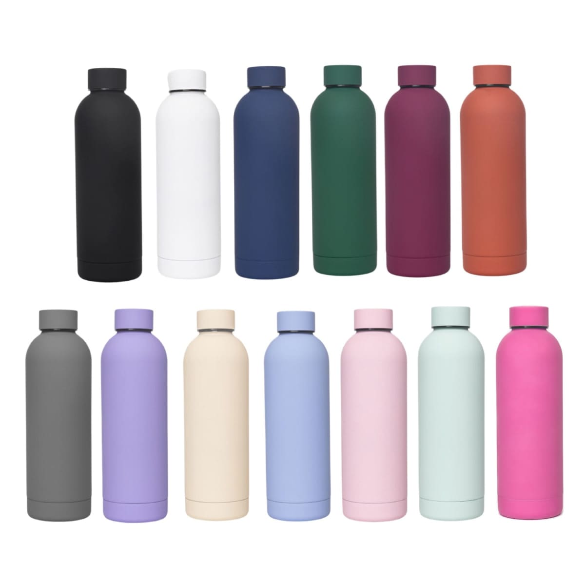 Twelve Brit Metal Bottles - 500ML Double Wall in assorted solid colors, arranged neatly.