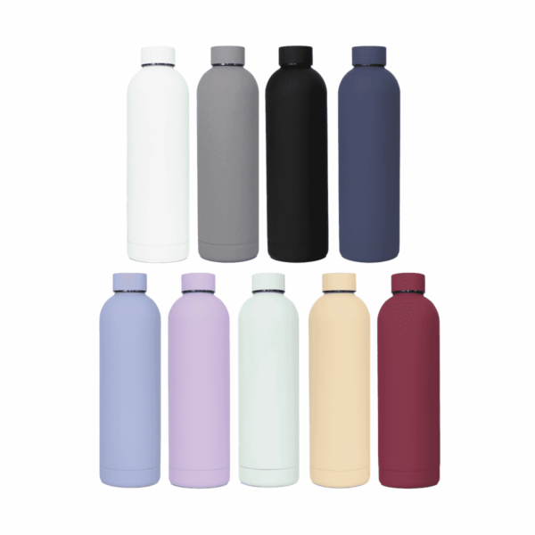 Ten Custom Brit Bottles - 750Ml Double Wall, solid colors, arranged in two rows.
