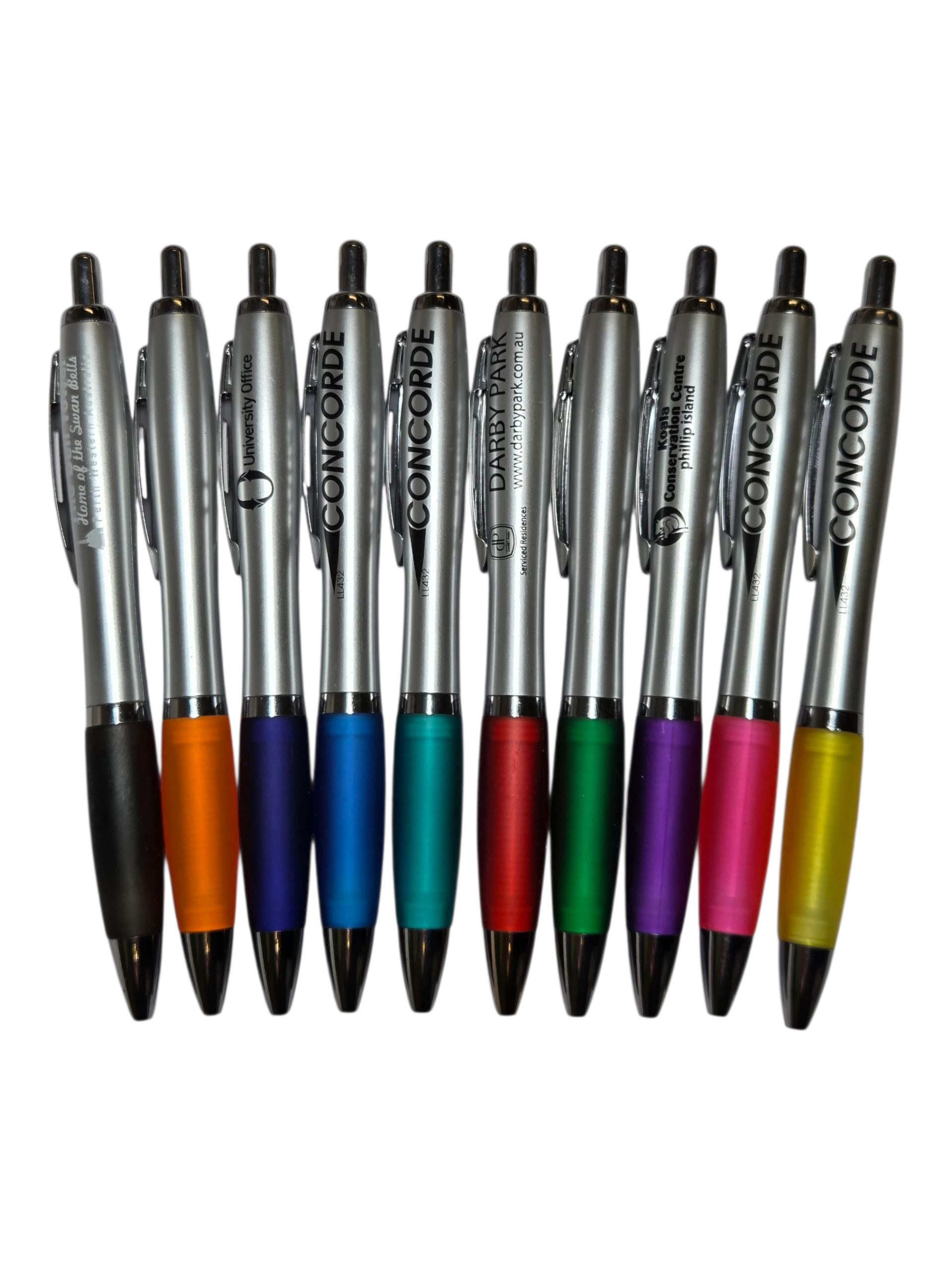 Eleven silver pens with colored grips, ideal for Small & Medium Businesses, on white background.