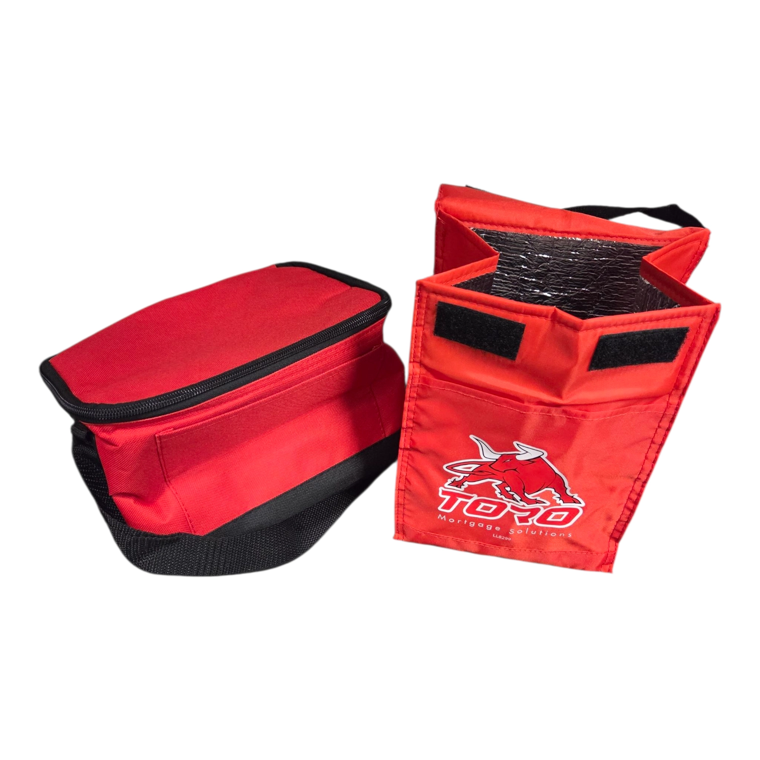 Two red insulated cooler bags, one open and one closed, with a bull logo and black accents.