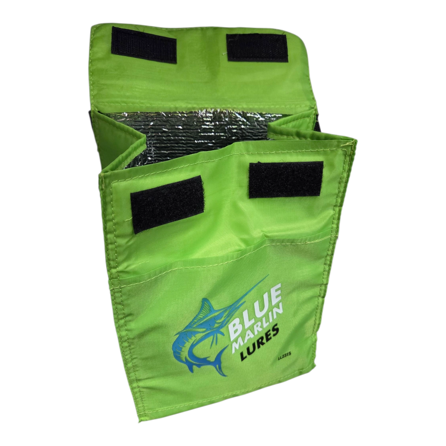 Green insulated cooler bag with Blue Marlin Lures logo and open top secured by Velcro strips.