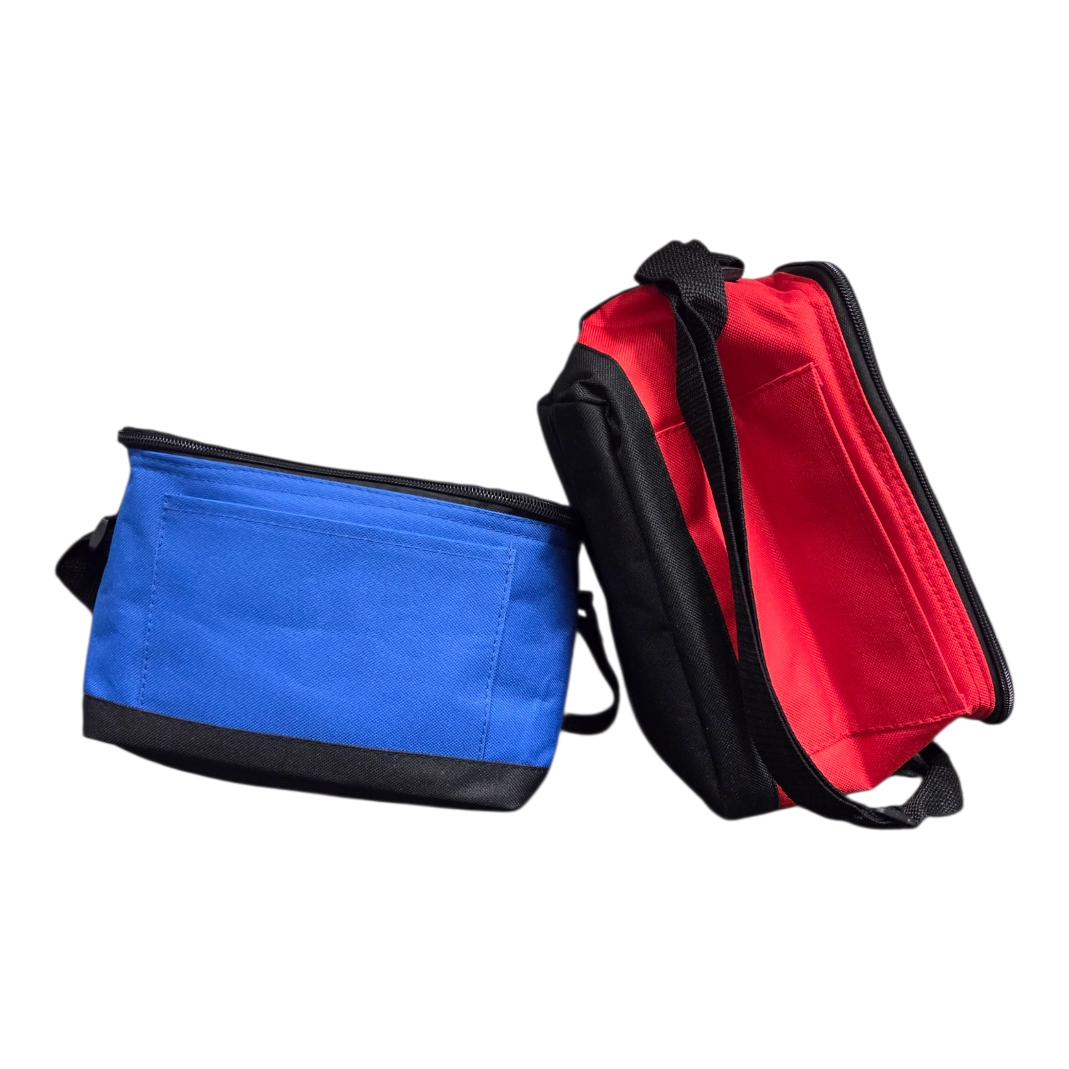 Two small cooler bags, one blue and one red, both with black trim and straps.