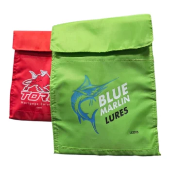 Two colorful cooler bags, one red and one green, with fishing-themed logos and text.