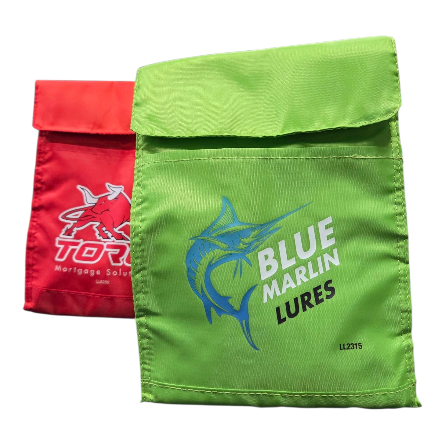 Two colorful cooler bags, one red and one green, with printed logos and designs on the front.