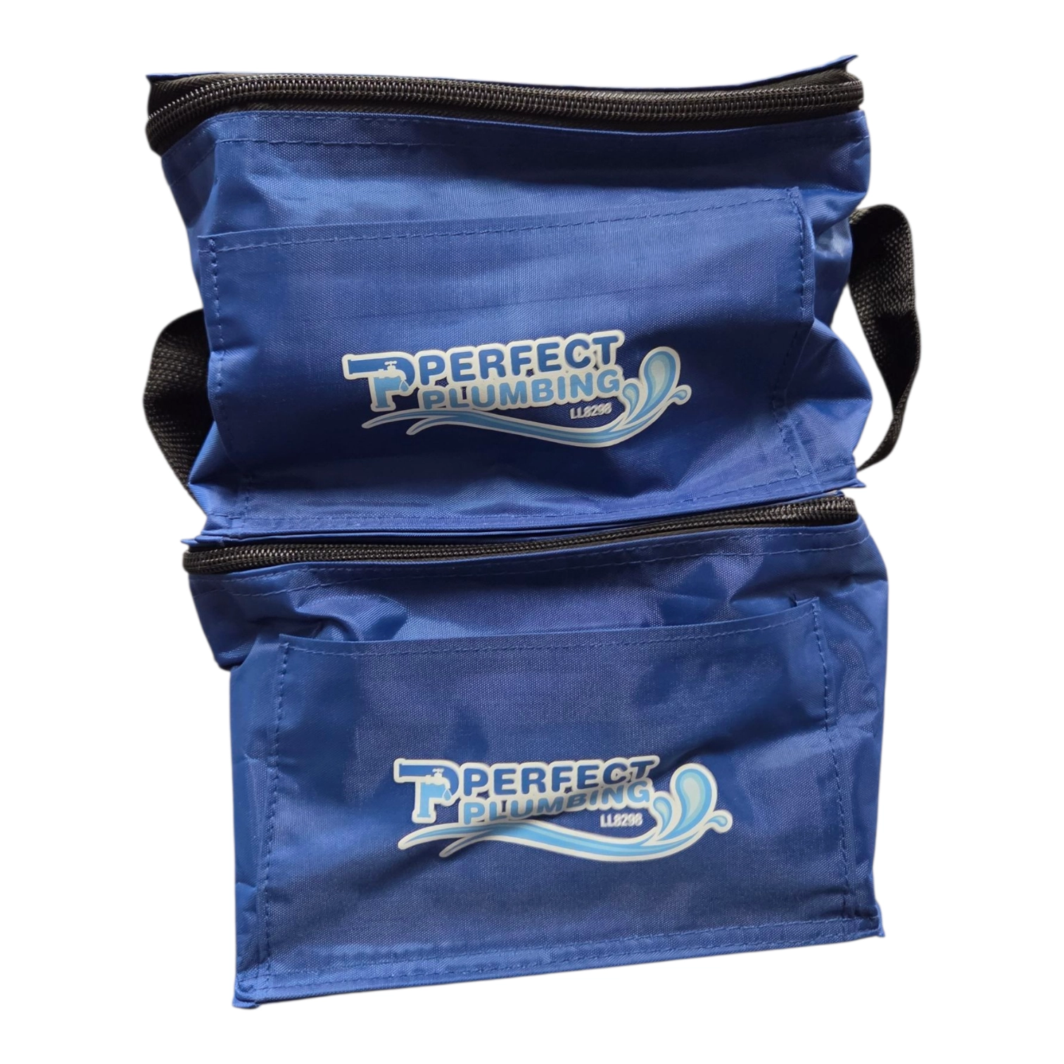Blue insulated cooler bag with Perfect Plumbing logo and two zippered compartments.