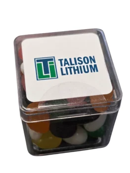 A clear box of Jelly Beans with a Talison Lithium logo on the lid.