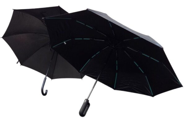 Two black umbrellas, one folding and one corporate, both open with different handles.