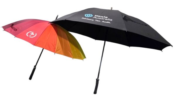 A close-up of folding vs corporate umbrellas.