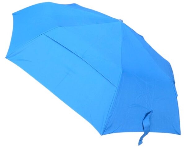 A blue folding umbrella viewed from above on a white background.