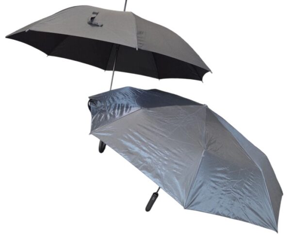 Two gray folding vs corporate umbrellas, one matte and one shiny, float on a white background.