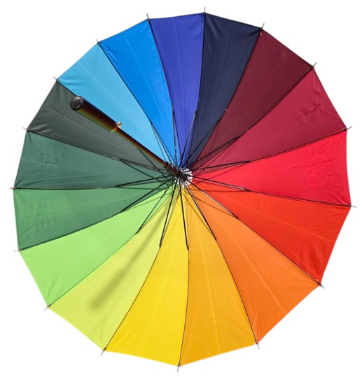 A rainbow-colored folding umbrella viewed from above, unlike standard corporate umbrellas.