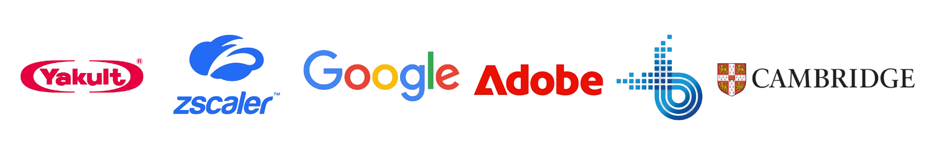 Logos of Yakult, Zscaler, Google, Adobe, NHS, and Cambridge University 