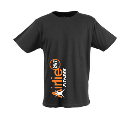 Black t-shirt with Irie 24/7 Fitness logo in orange and white on the lower front side.