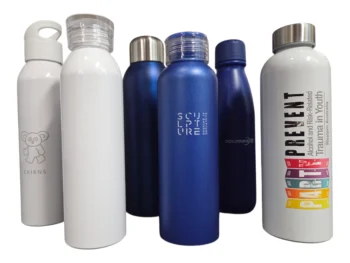 Six assorted bulk aluminium bottles in white and blue, each with various logos and text.