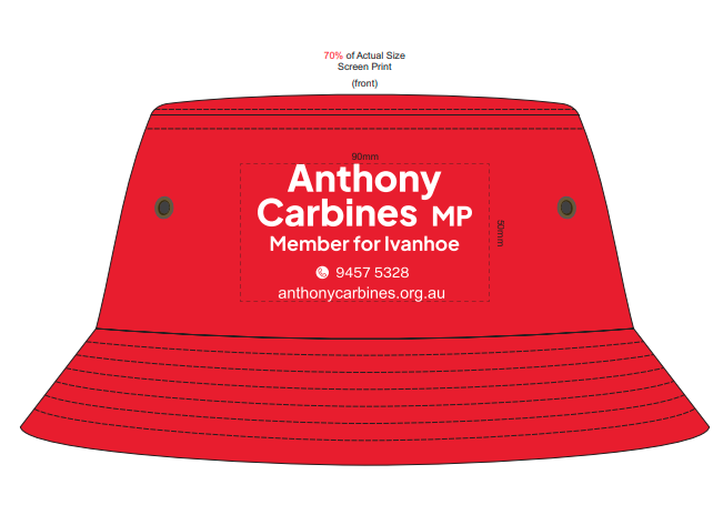 Red government bucket hat with Anthony Carbines MP, Member for Ivanhoe, and contact details.