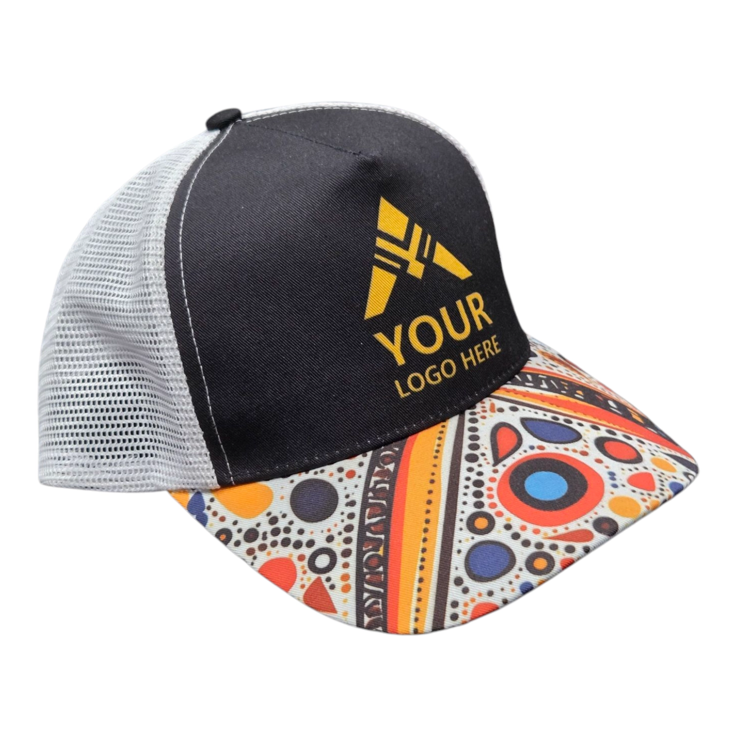 Black and white mesh cap with colorful brim, inspired by case studies of custom caps.