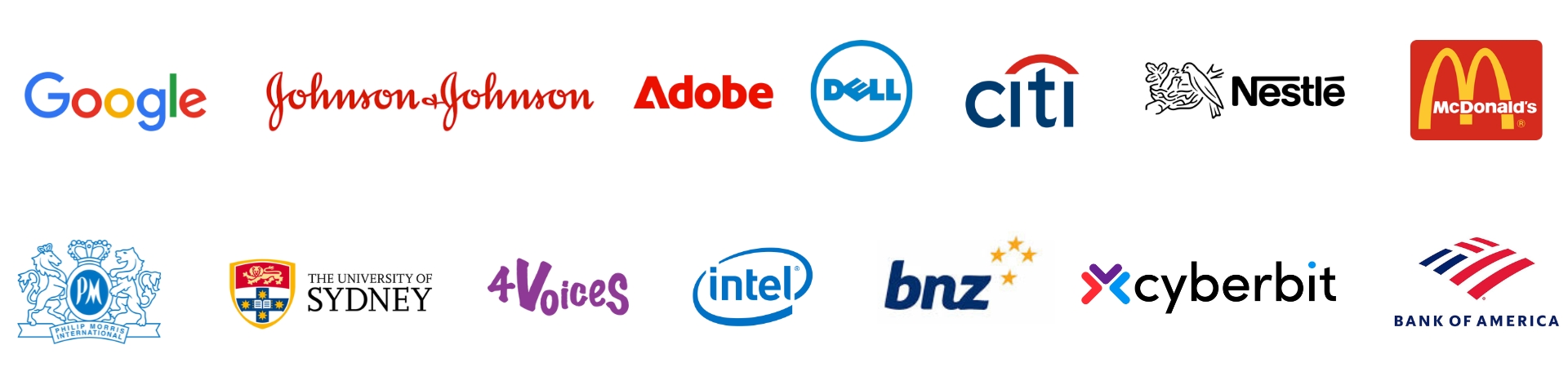 A row of well-known company logos including Google, Adobe, McDonalds, Intel, and more.