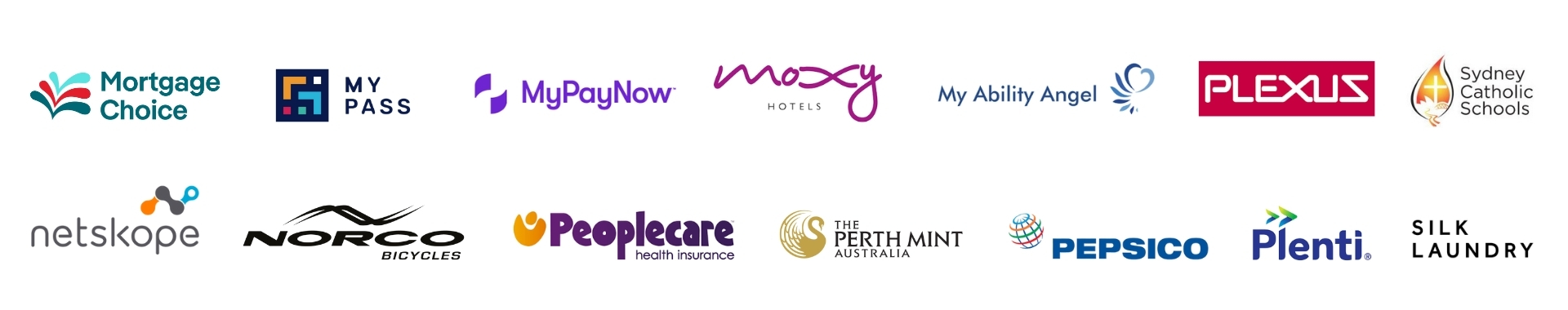 A row of fourteen company logos, including Mortgage Choice, Moxy Hotels, PepsiCo, and more.